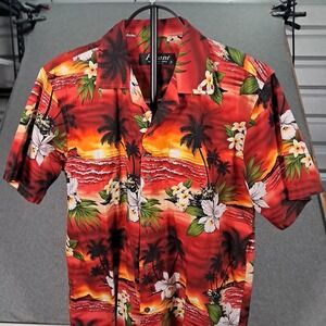 Vintage Favant Shirt Men L Red Orange Hawaiian Floral Tropical Beach Sunset Camp